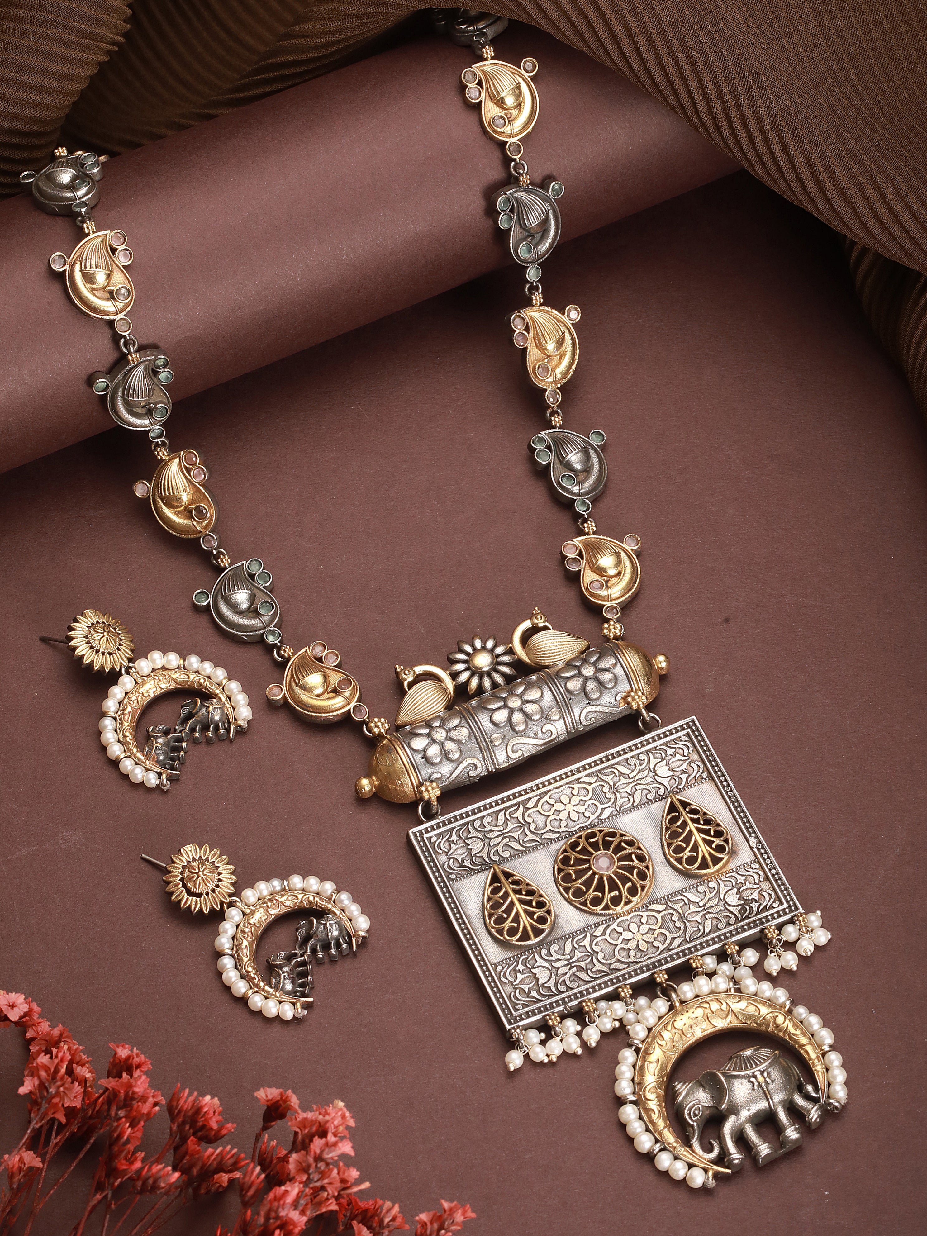 Oxidised Dual Toned Statement Fusion Tribal Elephant Leafy Contemporary Long Pendant Jewellery Set